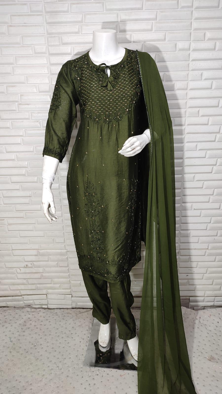 Olive Green Ramadan Elegance: Chikankari Modal Chanderi Cutdana Set - Inayakhan Shop 