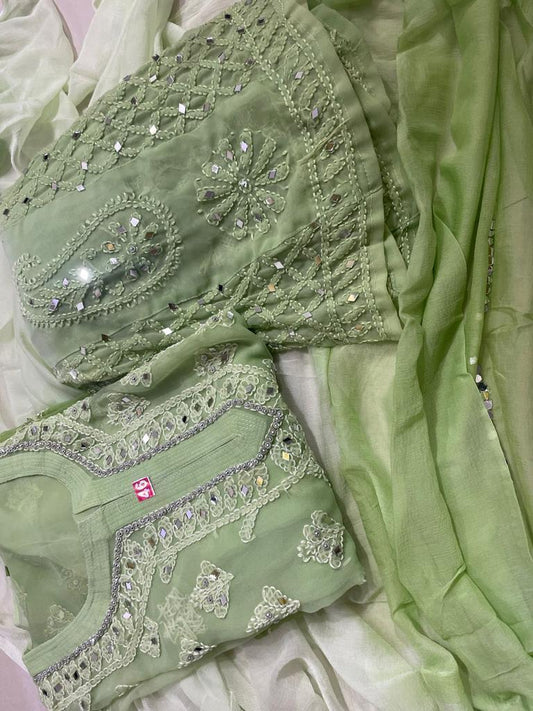 Ombre Green Georgette Kurti with Potli Handmade Buttons & Mirror Booti Jaal Shopping Online - Inayakhan Shop 