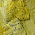 Ombre Yellow Georgette Kurti with Potli Handmade Buttons & Mirror Booti Jaal Shopping Online