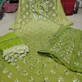 Parrot Green Gradient Mirror Work Chikankari Kurti Sharara Dupatta Set