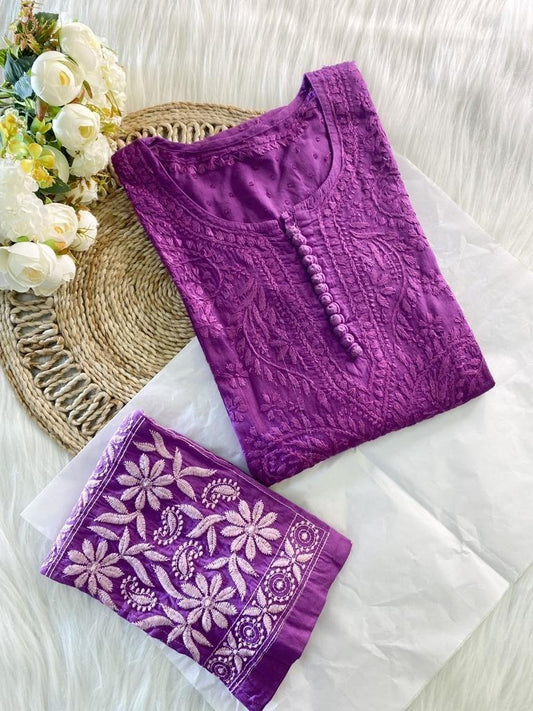 Purple Cotton Chikankari Hand Work Kurta Pant Suits - Inayakhan Shop 