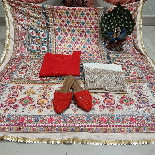 Red Cambric Cotton Kurti with Digital Pakistani Mirror Dupatta Set Latest Online - Inayakhan Shop 