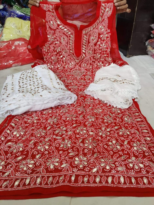 Red Georgette Gotta Patti Kurti Sharara Salwar Suit - Inayakhan Shop 