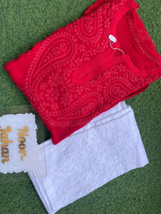 Red Soft Pure Viscose Chikankari Kurti with Beautiful Handwork Embroidery Shopping Online - Inayakhan Shop 