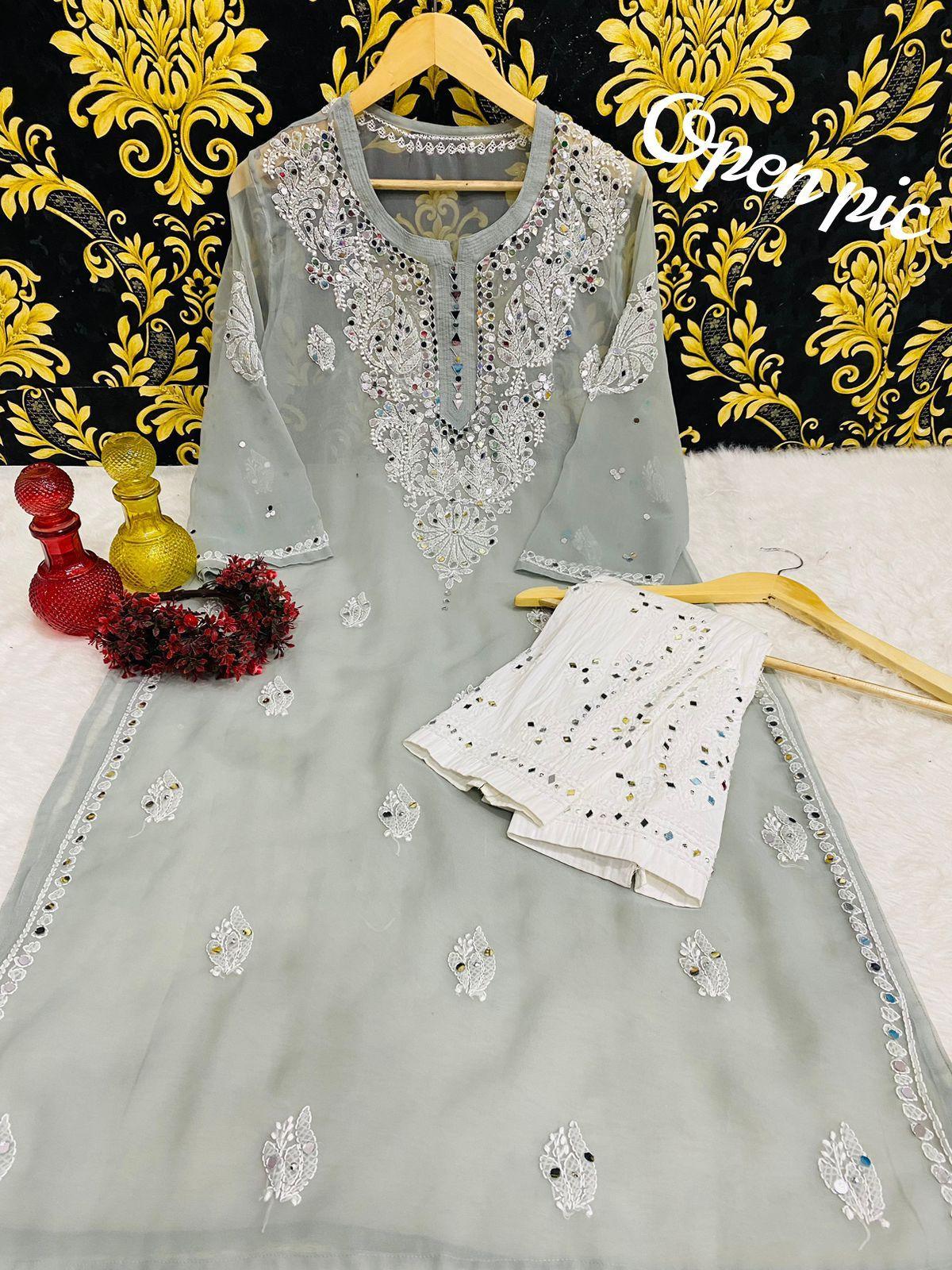Silver Grey Lucknowi Georgette Chikankari Mirror Gala Buti Kurti Latest Online - Inayakhan Shop 