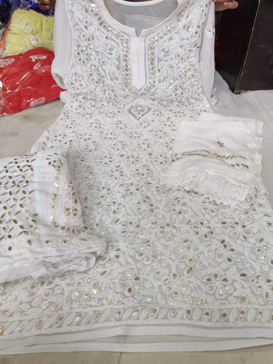 White Georgette Gotta Patti Kurti Sharara Salwar Suit - Inayakhan Shop 