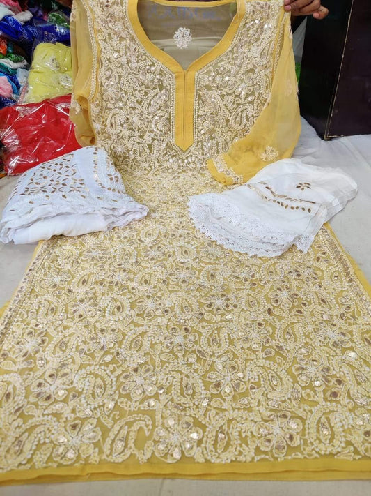 Yellow Georgette Gotta Patti Kurti Sharara Salwar Suit - Inayakhan Shop 