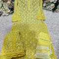 Yellow Gradient Mirror Work Chikankari Kurti Sharara Dupatta Set